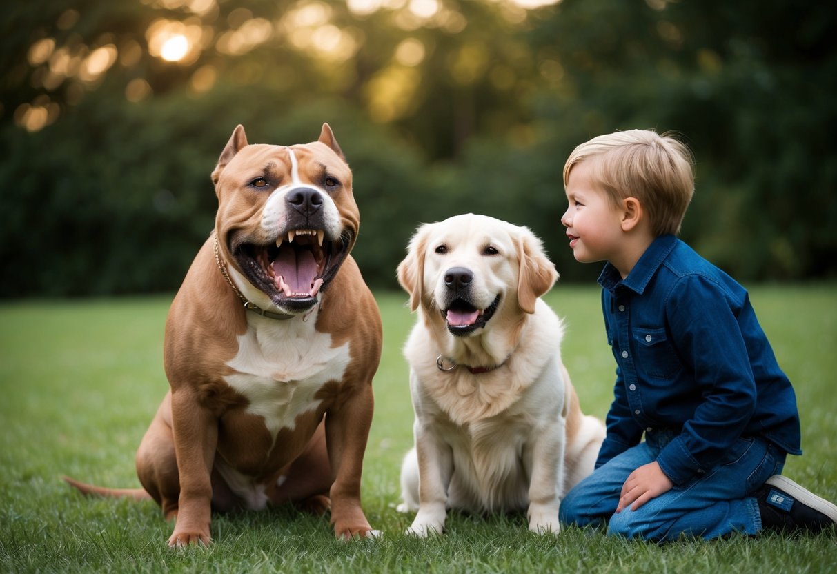 A snarling pit bull bares its teeth, while a calm golden retriever sits peacefully beside a child
