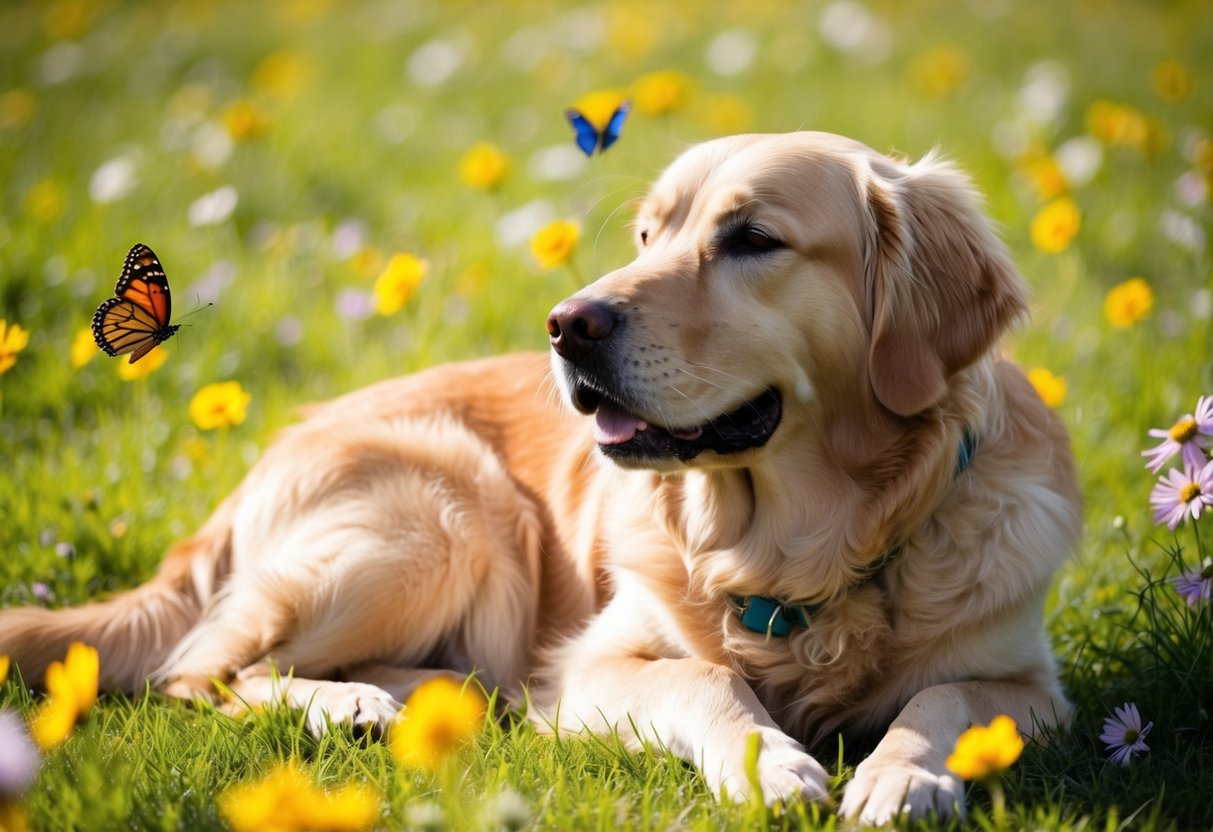 A Golden Retriever peacefully resting in a sunny meadow, surrounded by flowers and butterflies