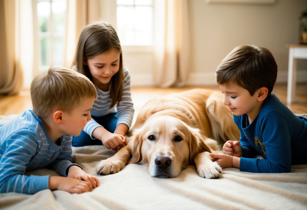 A golden retriever lying peacefully on a soft blanket, surrounded by children gently petting and playing with it