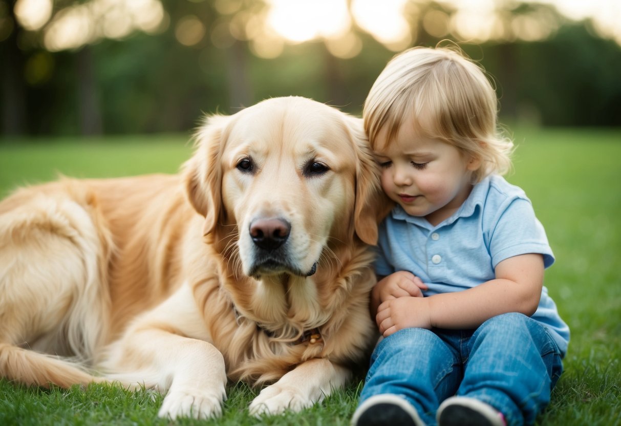A golden retriever calmly resting with a child, both looking content and peaceful
