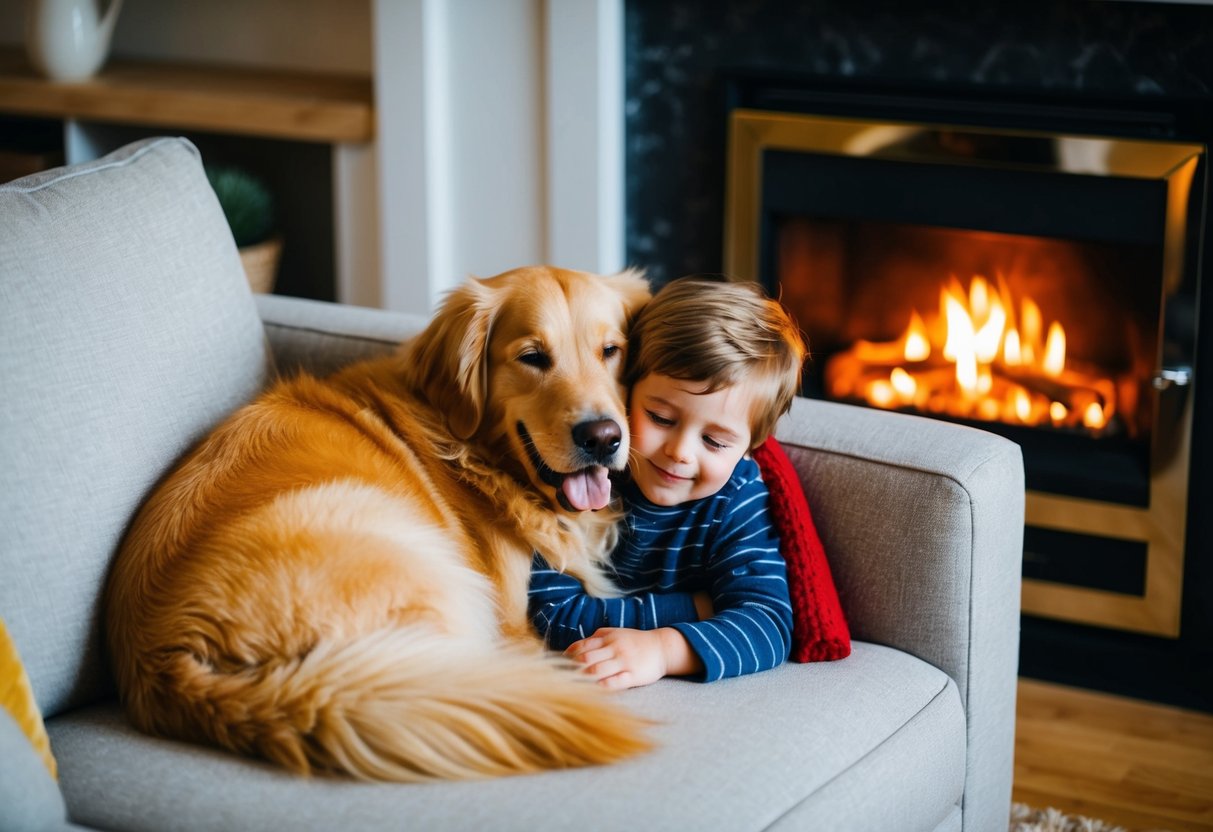 A fluffy golden retriever snuggles with a child on a cozy couch by a crackling fireplace