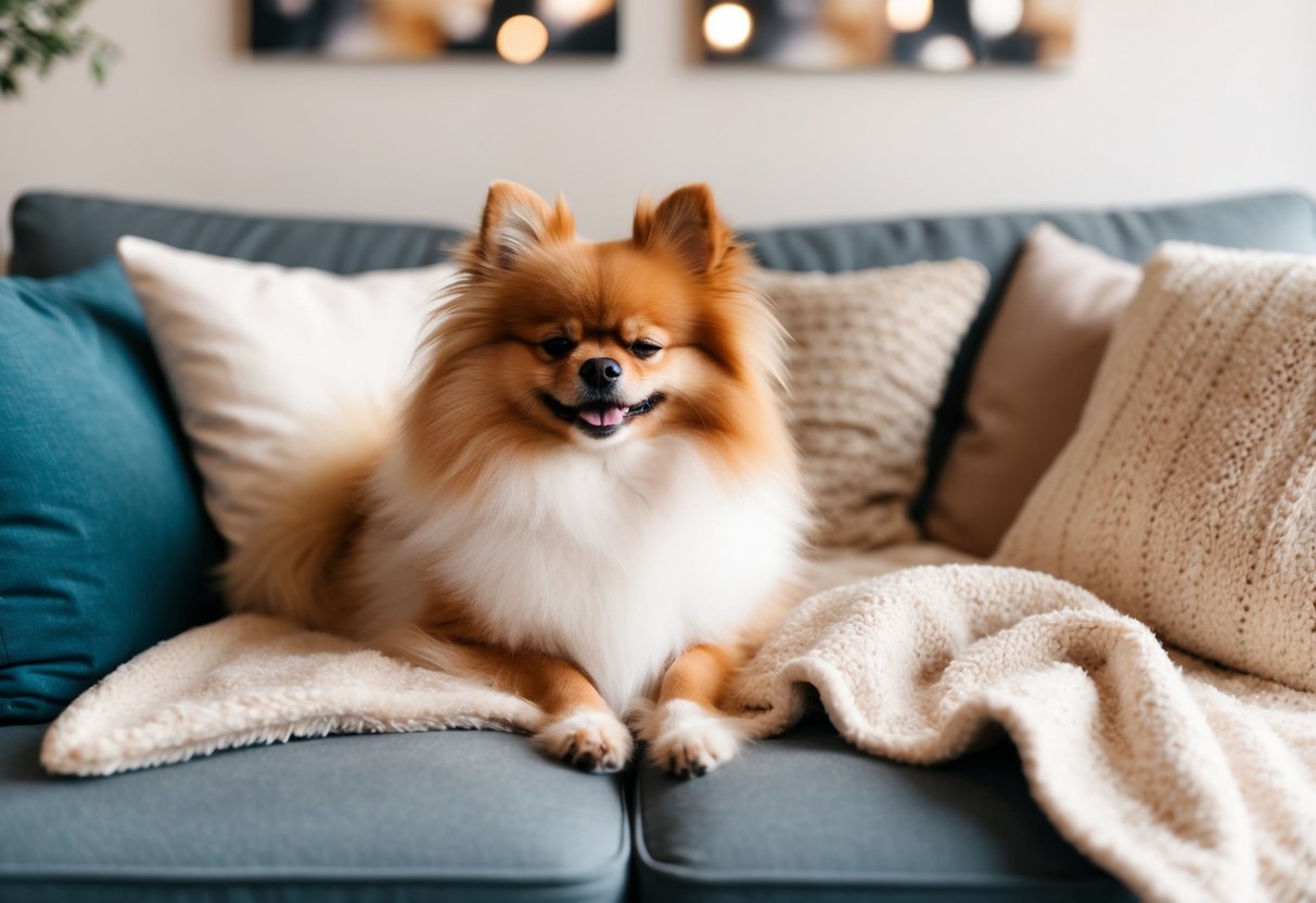 A fluffy Pomeranian snuggles on a cozy couch with its owner, surrounded by soft blankets and pillows