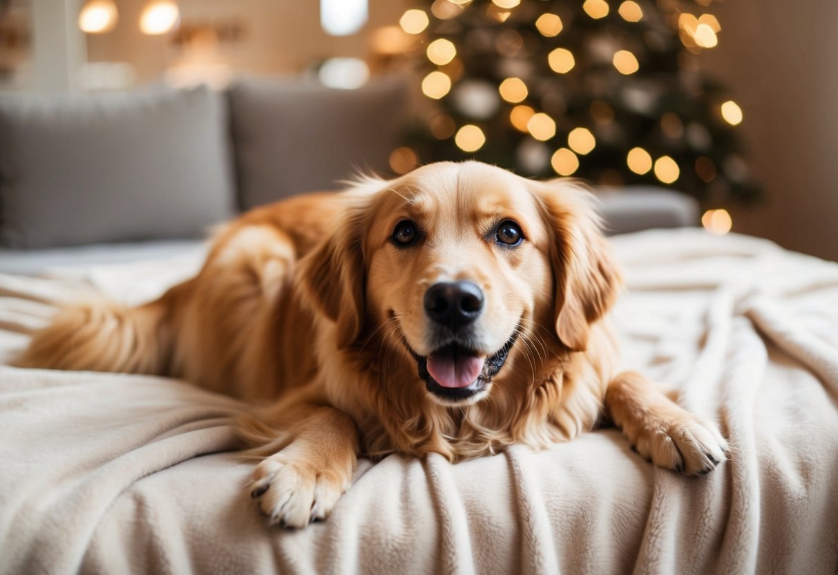 A fluffy golden retriever lies on a soft blanket, wagging its tail and looking up with big, warm eyes