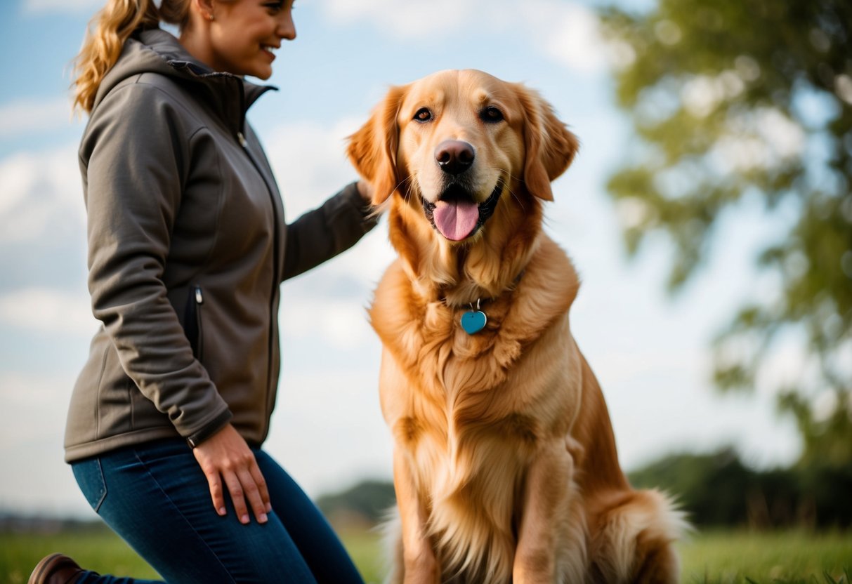 A golden retriever sitting attentively with ears up and tail wagging, looking directly at its owner with a eager and obedient expression