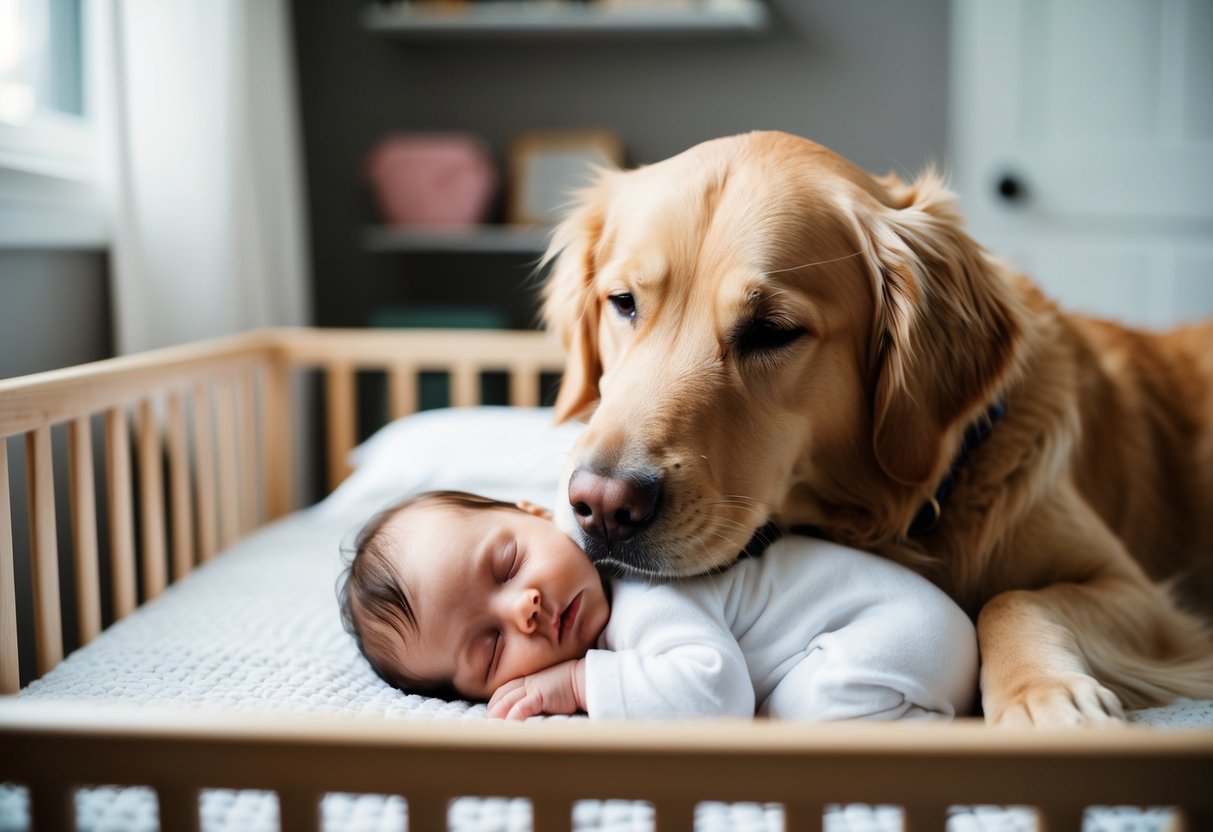 A golden retriever nuzzling a sleeping baby in a cozy nursery