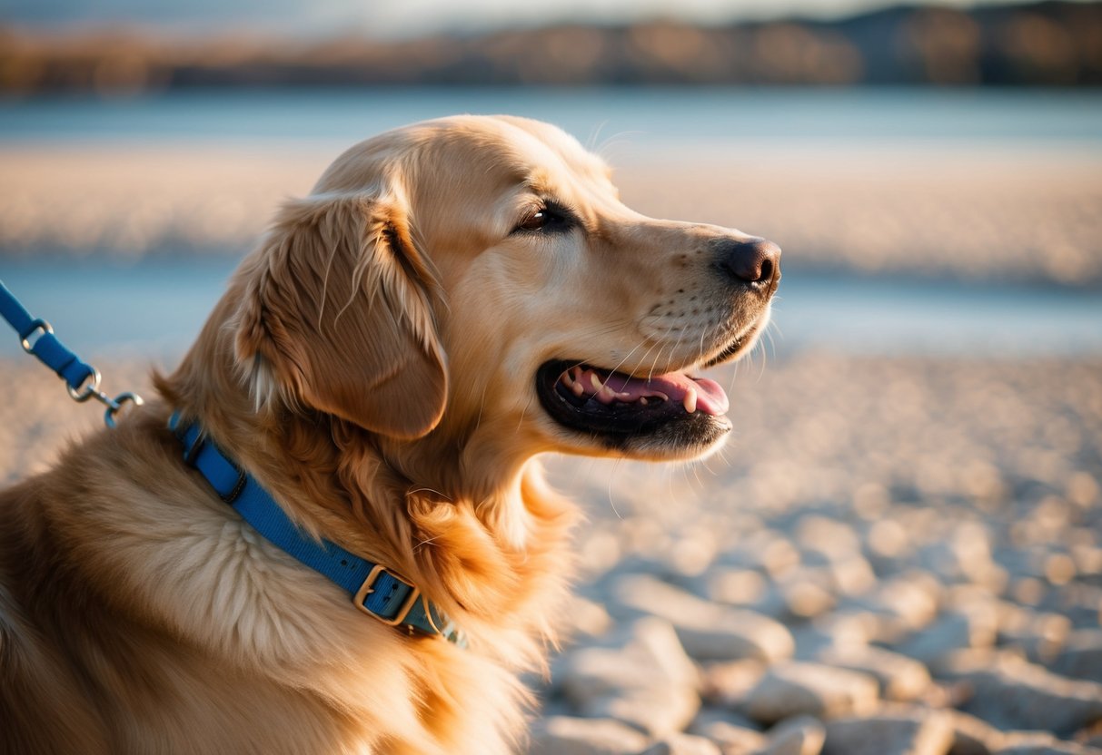 A golden retriever nuzzling a child's cheek, with a wagging tail and adoring gaze