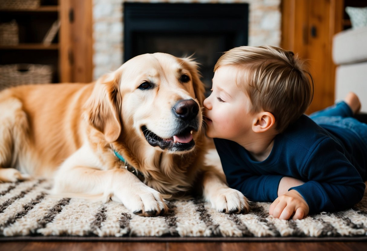 A golden retriever lying on a cozy rug, nuzzling a child's cheek with a content expression