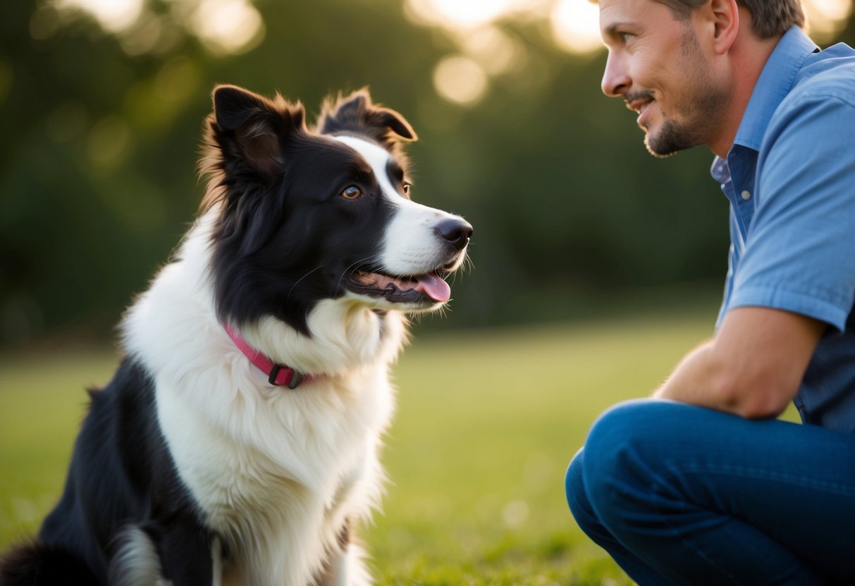 A border collie sitting at attention, gazing up at its owner with unwavering focus and anticipation