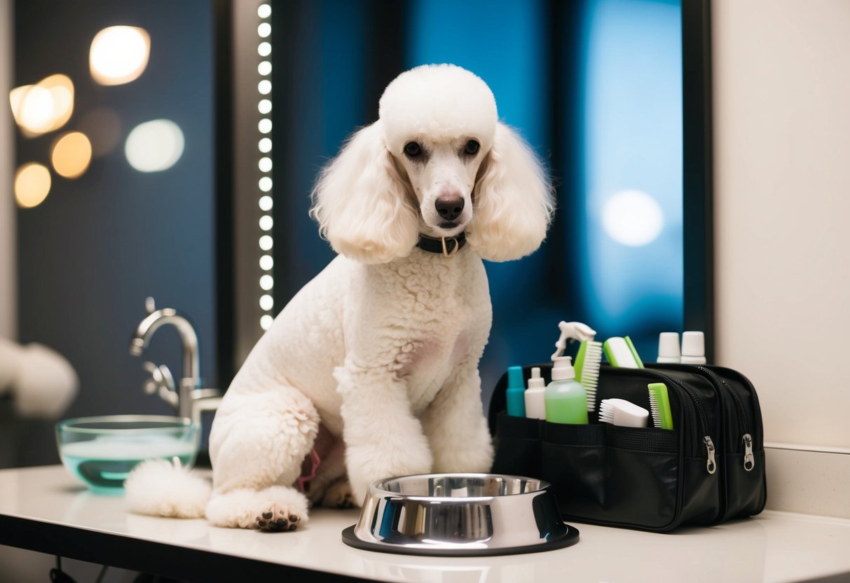 A white poodle with a freshly groomed coat, sitting next to a shiny water bowl and a neatly organized grooming kit