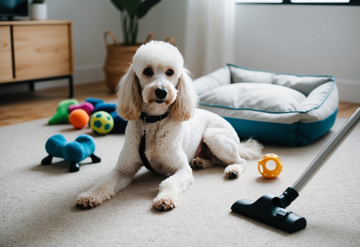 A white poodle sits on a freshly vacuumed carpet, surrounded by neatly organized dog toys and a pristine dog bed