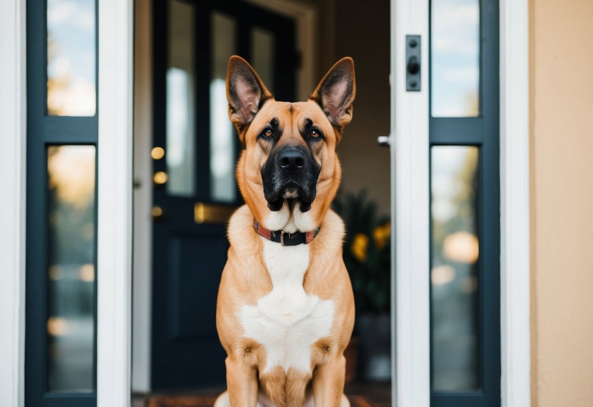 A large, alert dog stands guard at the front door, ears perked and tail raised, ready to protect its family