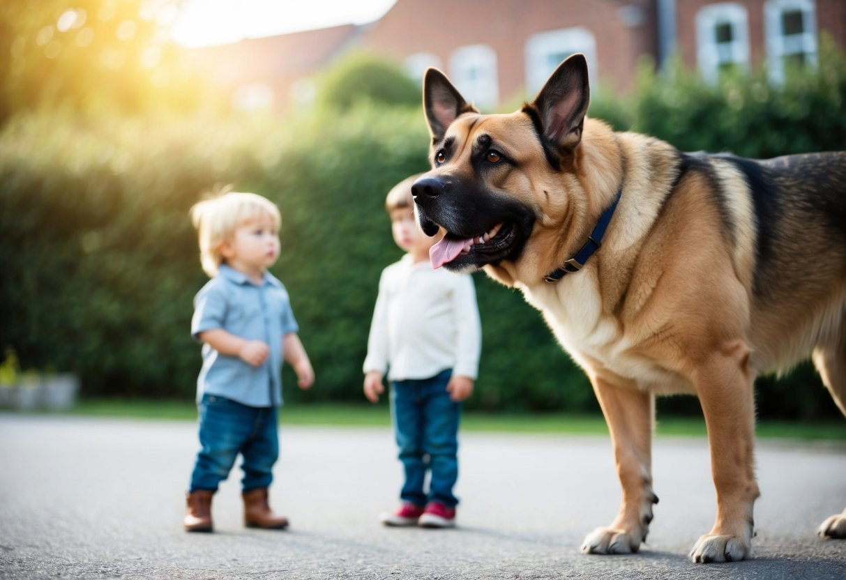 A large, alert dog stands in front of a child, looking out with a watchful expression. Its ears are perked up and its body is poised, ready to defend