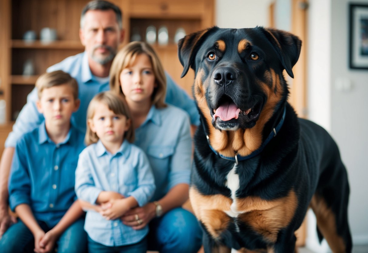 A large, alert dog stands in front of a family, ears perked and body tense, ready to protect them from any potential threat