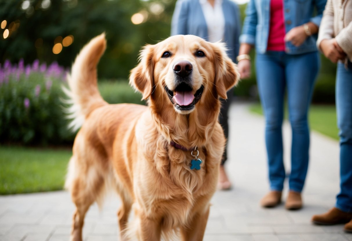 A golden retriever wagging its tail, standing alert with a friendly expression, welcoming visitors with a warm and approachable demeanor