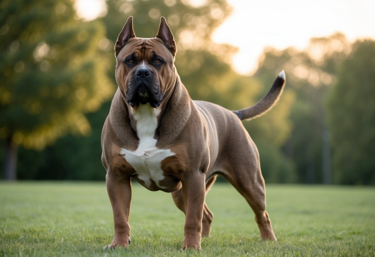 A large, muscular dog stands alert, ears perked and eyes focused. Its body language exudes confidence and readiness to defend