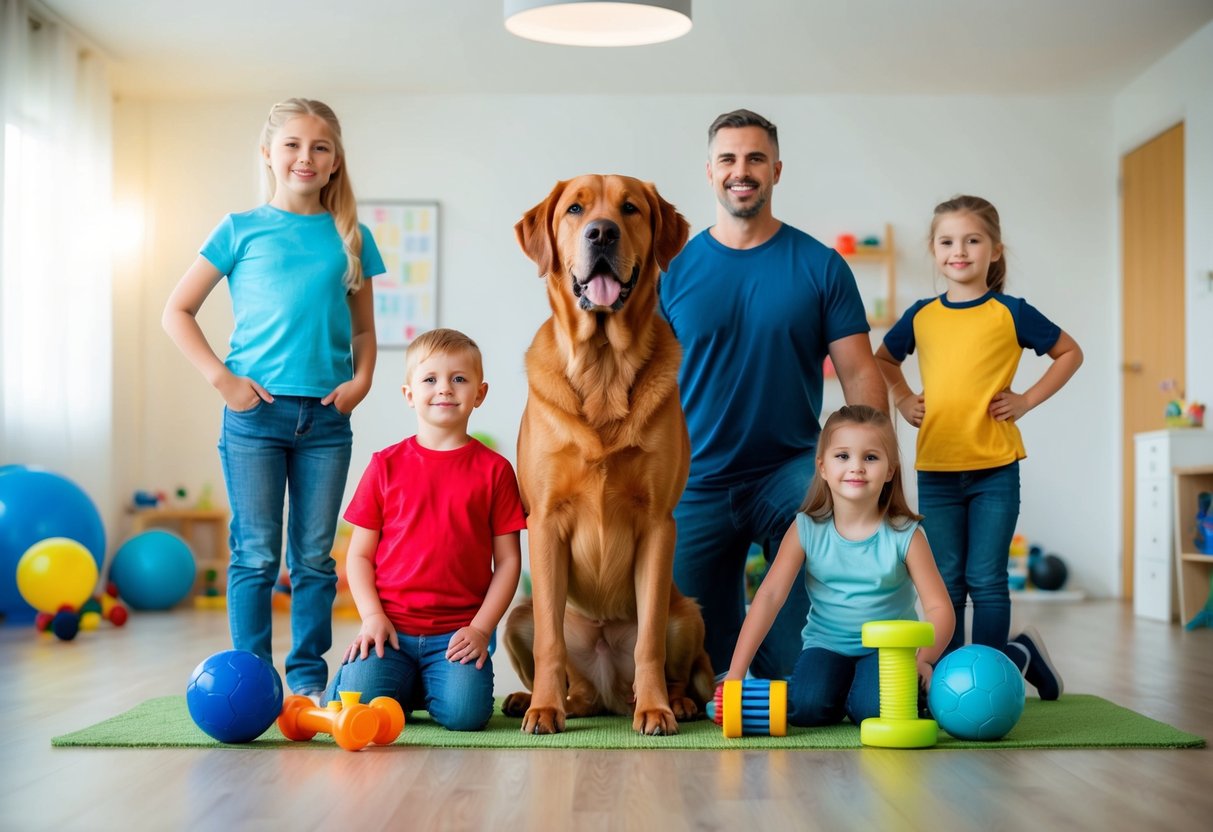 A large, alert dog stands proudly beside a family, surrounded by toys and training equipment in a spacious, well-lit room