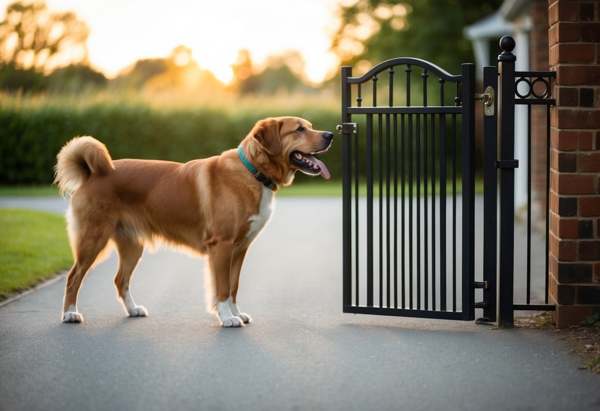A large, friendly dog with a wagging tail greets a visitor at the gate, while keeping a watchful eye on the surroundings