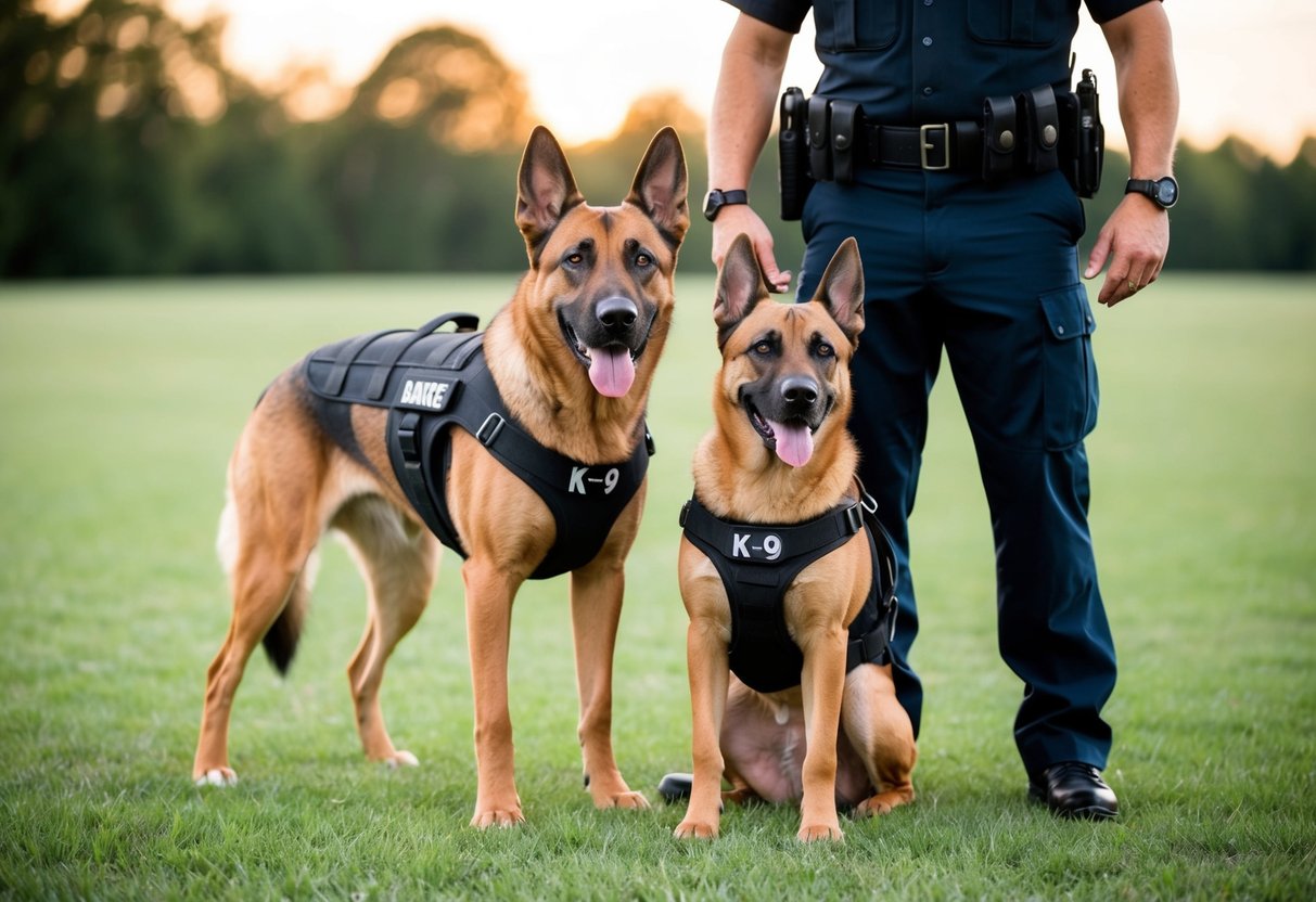 A large, alert dog stands next to a K-9 officer, wearing a protective vest and a serious expression, ready for training
