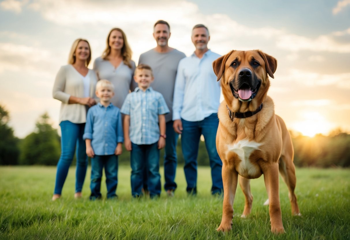 A large, alert dog stands guard in front of a smiling family, exuding a sense of protection and loyalty