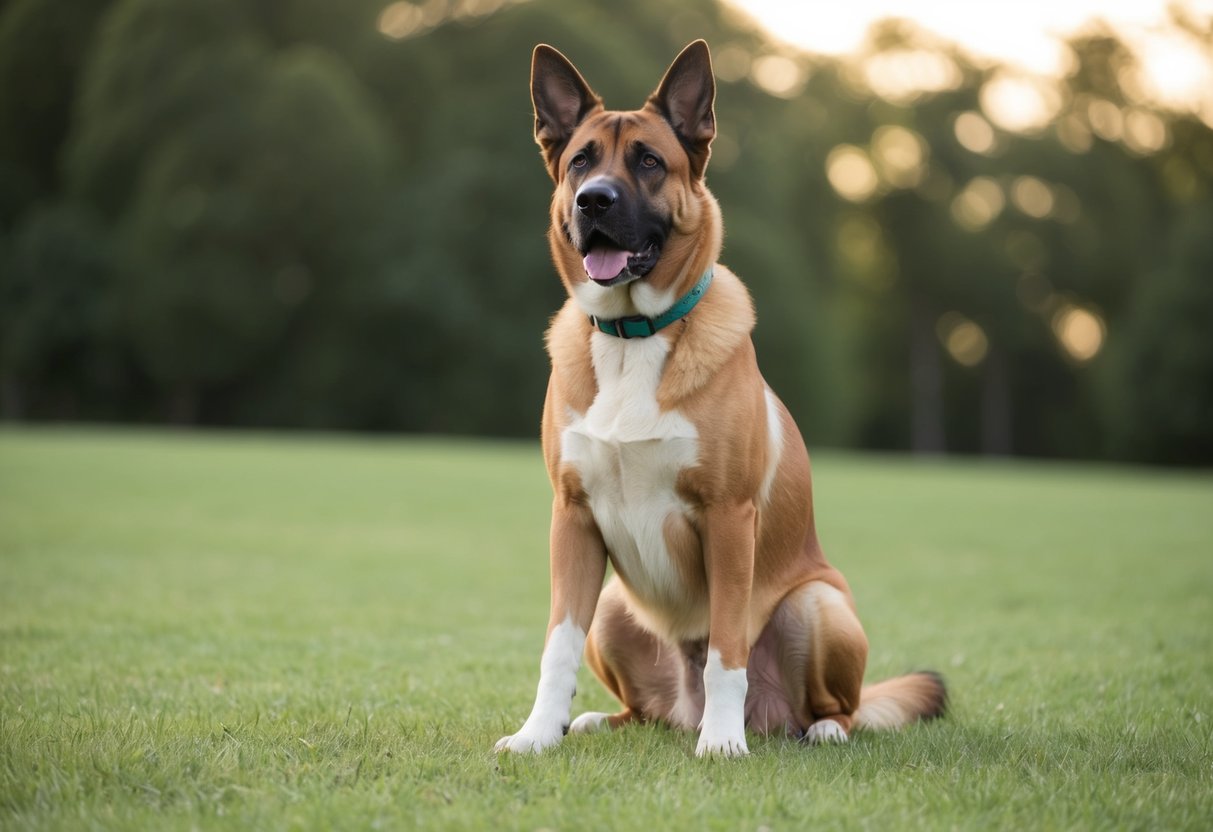 A large, alert dog sits balanced on all fours, tail raised, ears perked, and eyes focused ahead