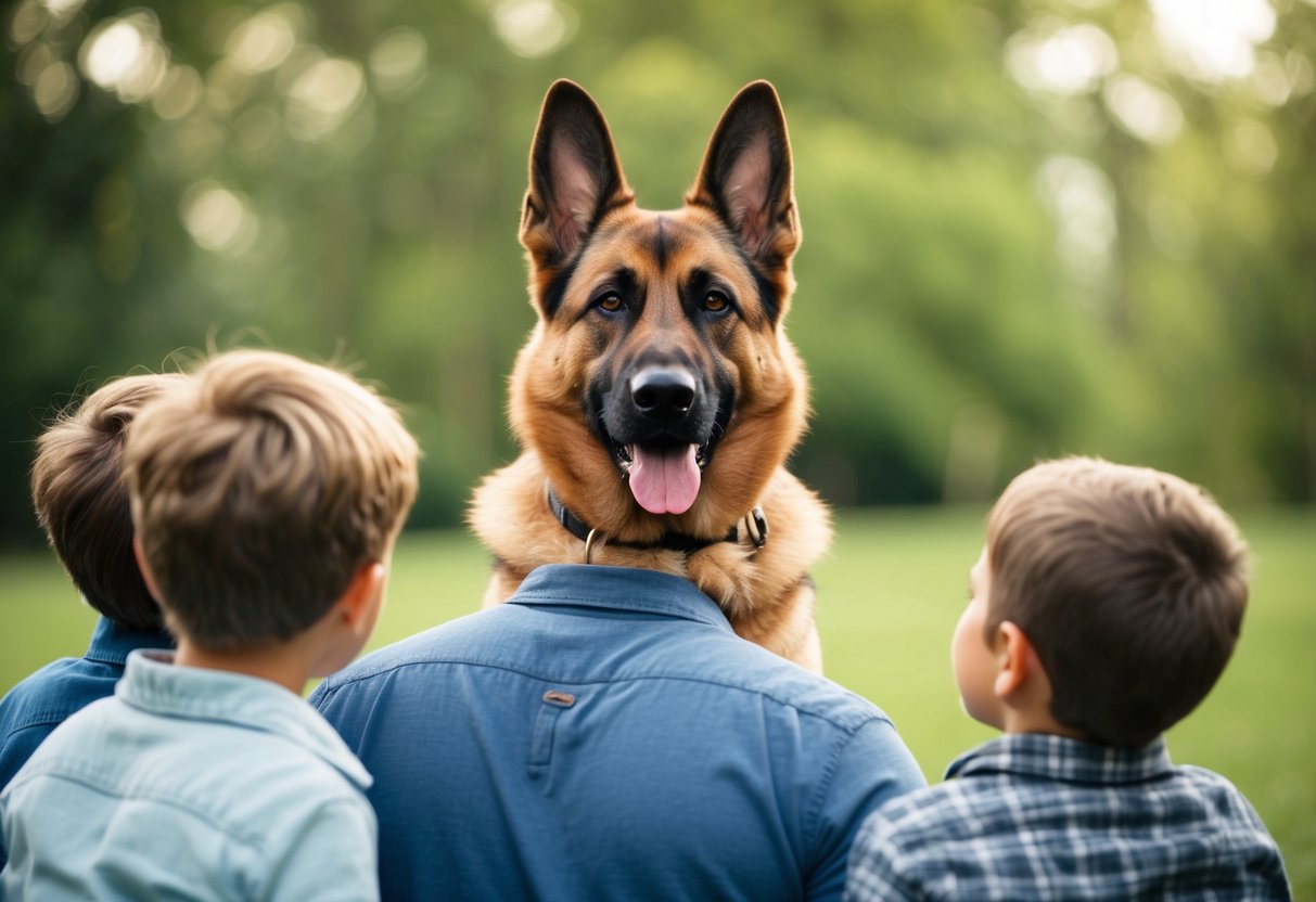 A loyal and watchful German Shepherd stands guard over a family, with a determined and protective expression