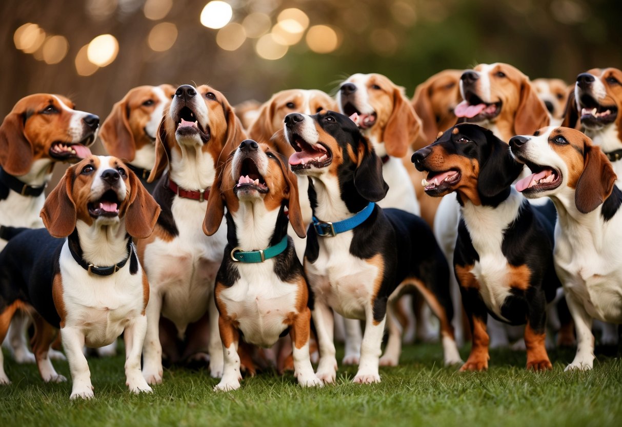 A pack of barking dogs: beagles, terriers, and dachshunds, howling and yapping in a chaotic cacophony