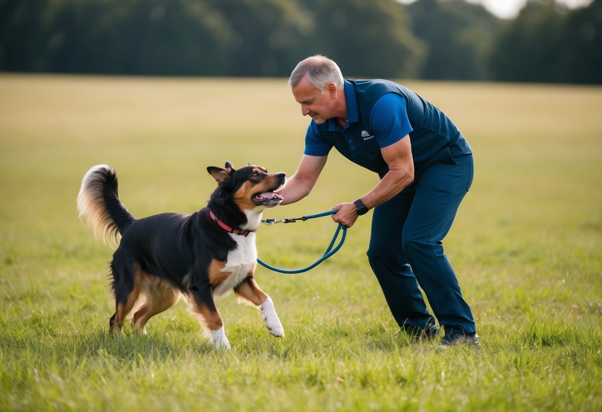 A determined trainer works with a stubborn, energetic dog in an open field, using positive reinforcement and patience