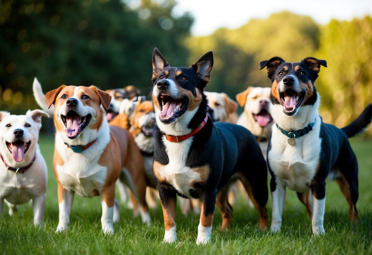 A pack of barking dogs of various breeds, with one particularly loud and energetic breed standing out