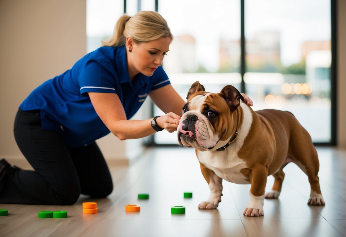A stubborn bulldog ignores commands, while a patient trainer uses treats and positive reinforcement to redirect its behavior