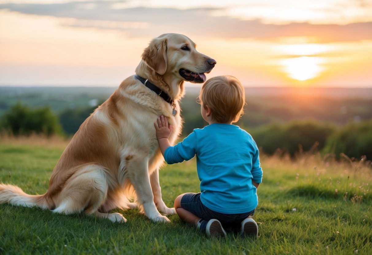 A golden retriever and a child sitting on a grassy hill, the dog nuzzling the child's hand as they both look out at a sunset