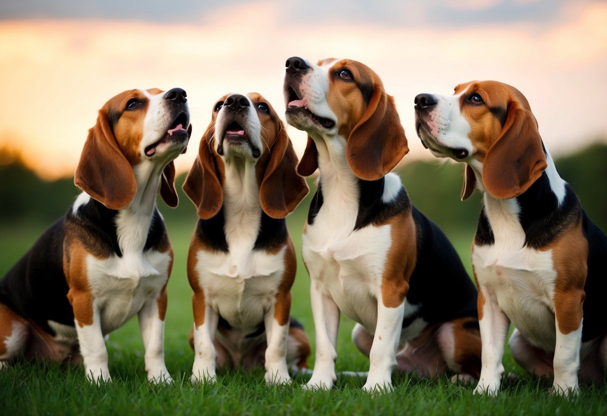 A pack of beagles howling in unison, their ears perked and tails wagging