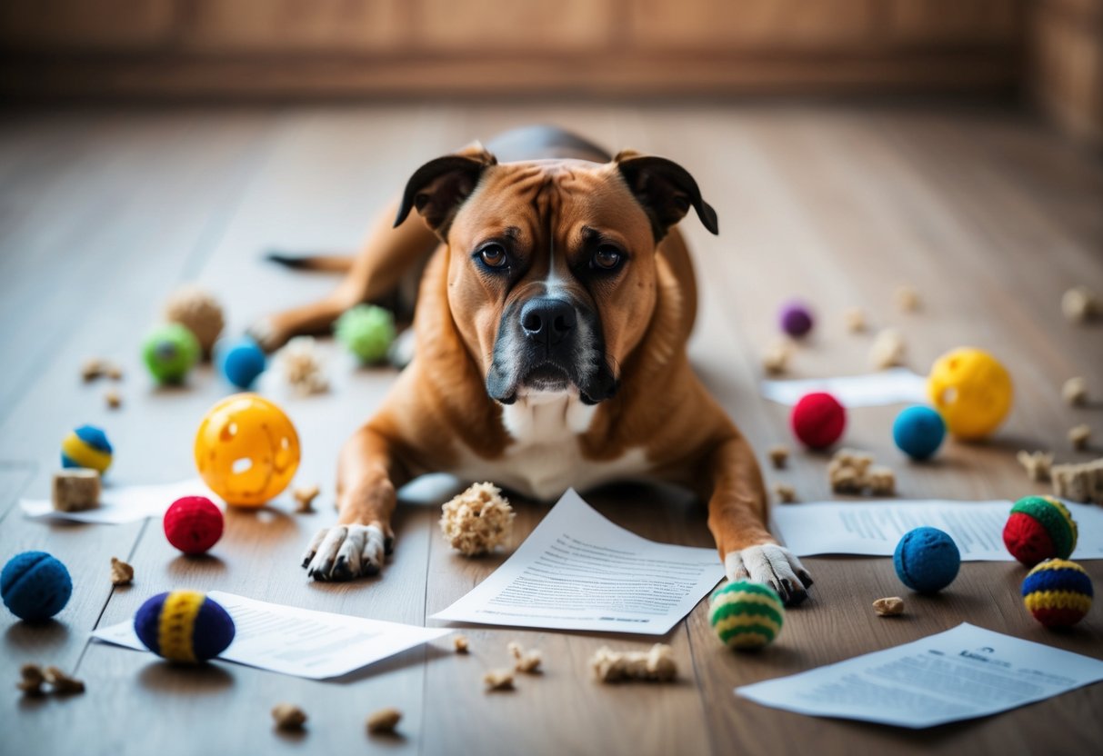 A stubborn dog ignoring commands, surrounded by scattered chewed-up toys and torn papers