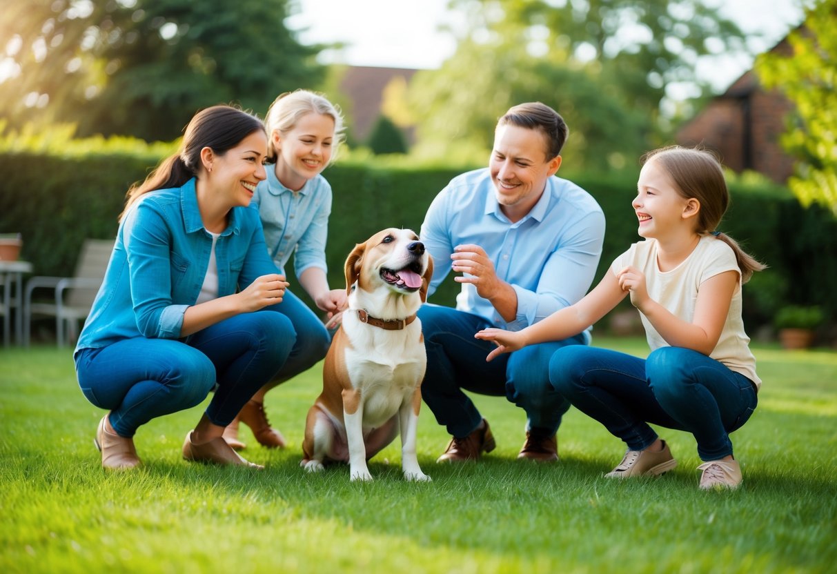 A happy family playing with a friendly and gentle dog in a spacious backyard, with smiles and laughter filling the air