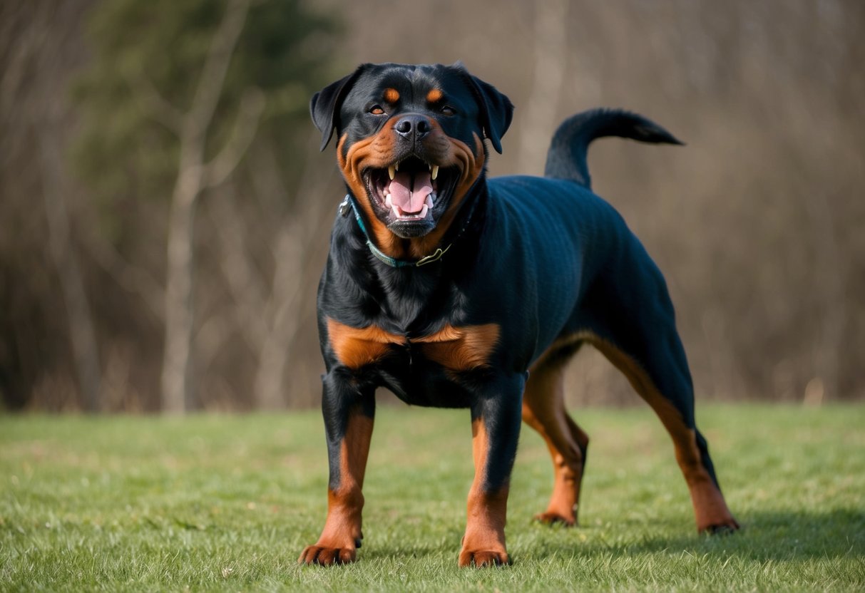 A snarling Rottweiler stands on alert, baring its teeth and growling fiercely, its muscular frame poised to defend its territory