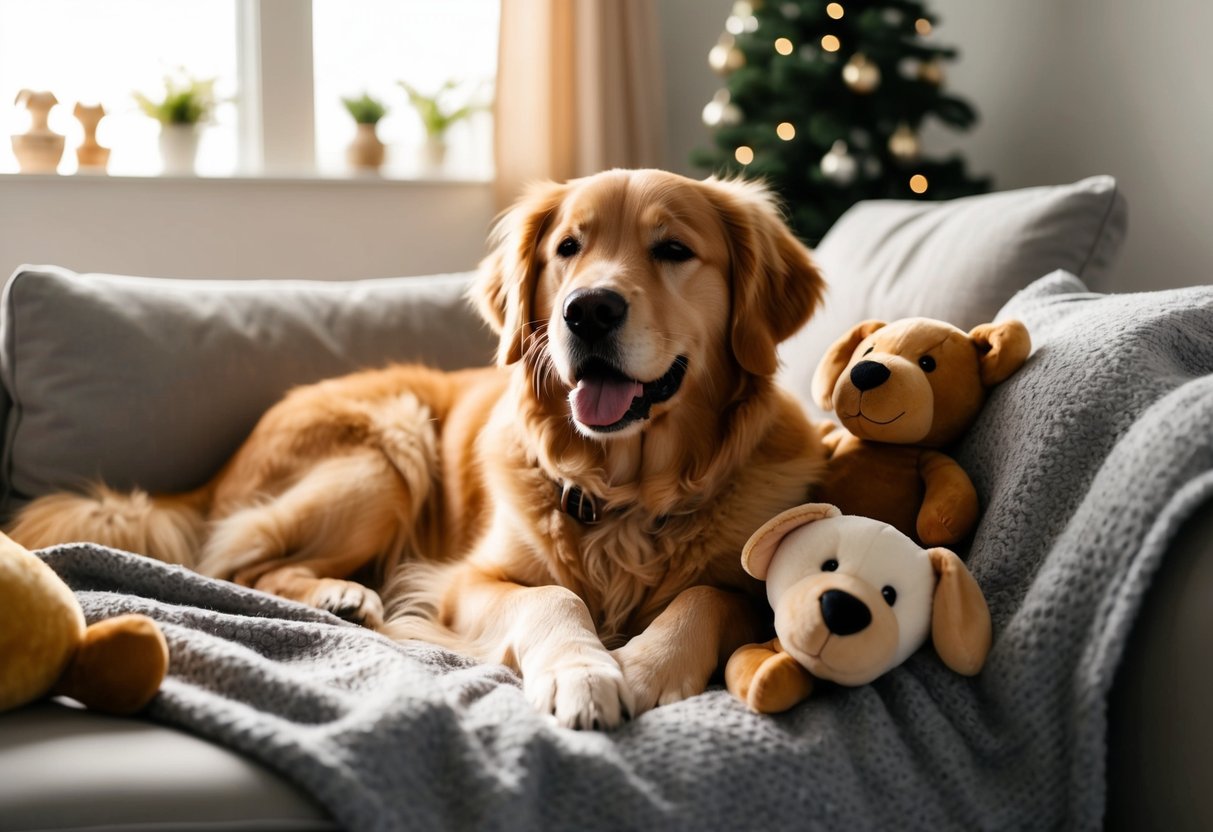 A fluffy golden retriever snuggled up on a cozy blanket, surrounded by plush toys and wagging its tail