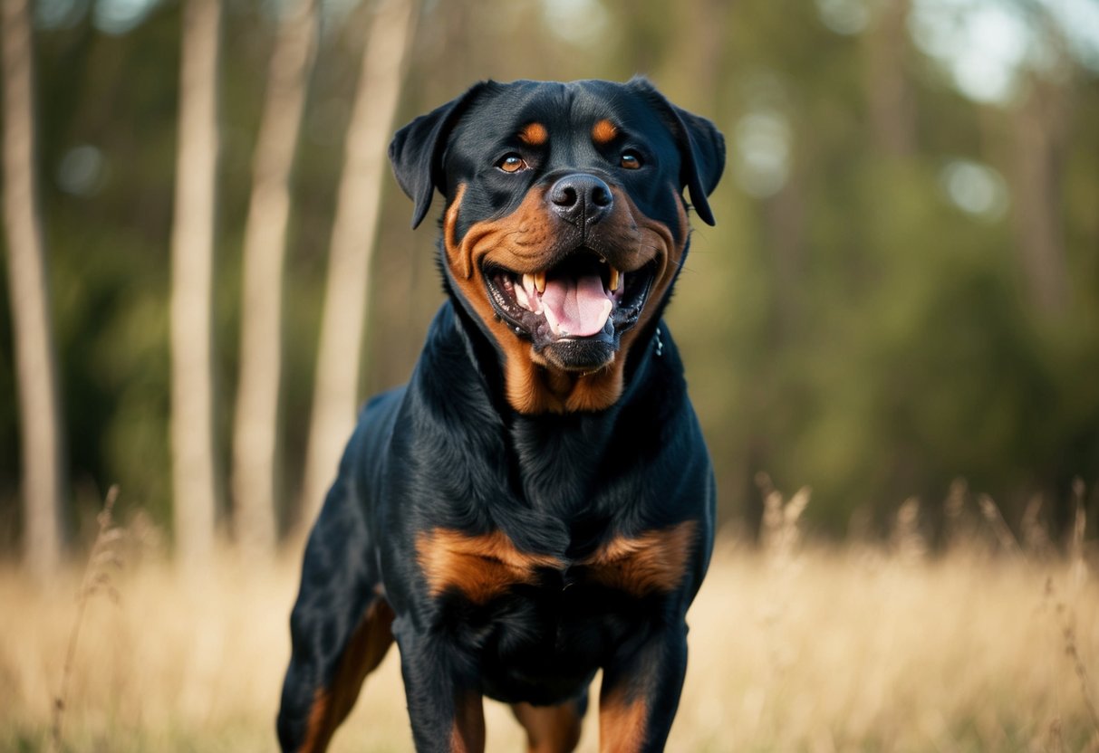 A snarling Rottweiler stands guard, muscles taut and teeth bared, ready to protect its territory