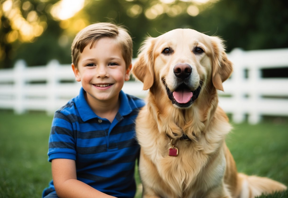 A golden retriever calmly sits beside a child, both smiling