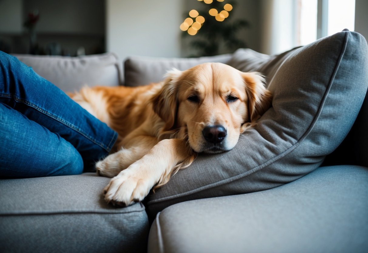 A fluffy golden retriever snuggled up on a cozy couch, nuzzling against a person's leg with a contented expression