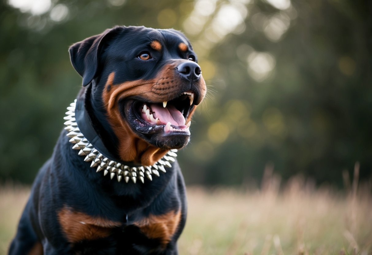 A massive Rottweiler stands alert, baring its teeth and growling, with a spiked collar and intense eyes