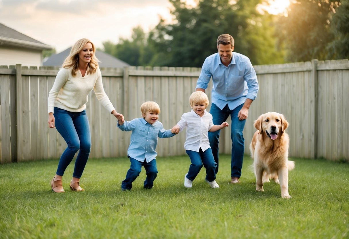 A family playing in a fenced yard with a loyal and gentle Golden Retriever watching over them