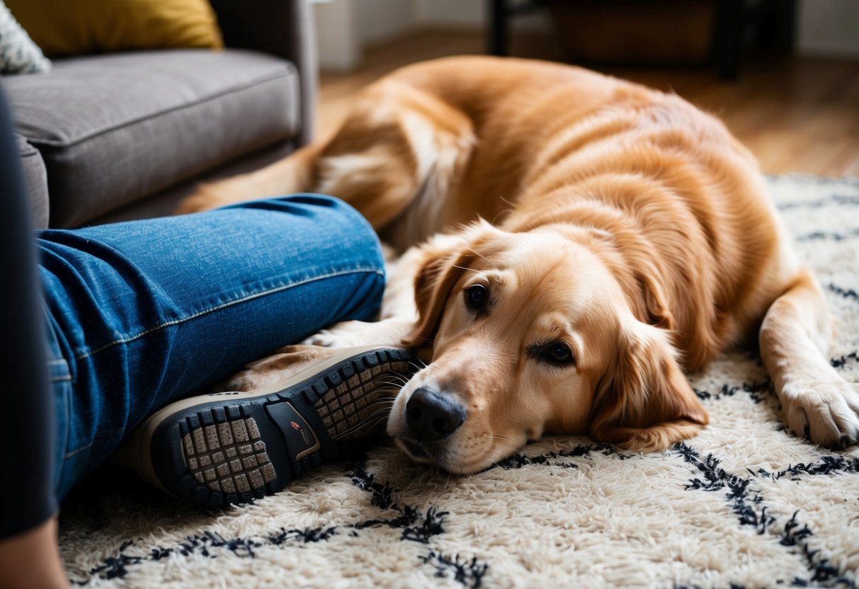A golden retriever lying on a cozy rug, nuzzling a person's leg with a content expression