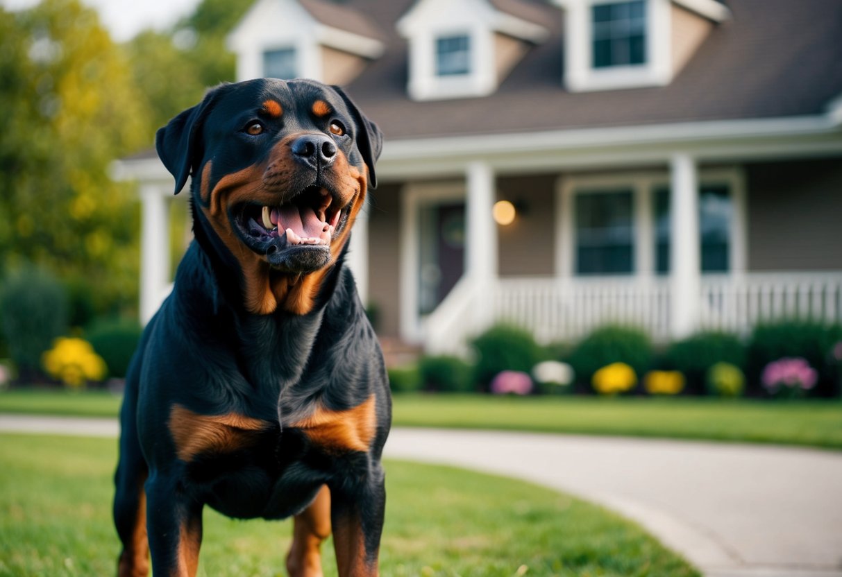 A snarling Rottweiler stands guard, teeth bared, in front of a cozy family home