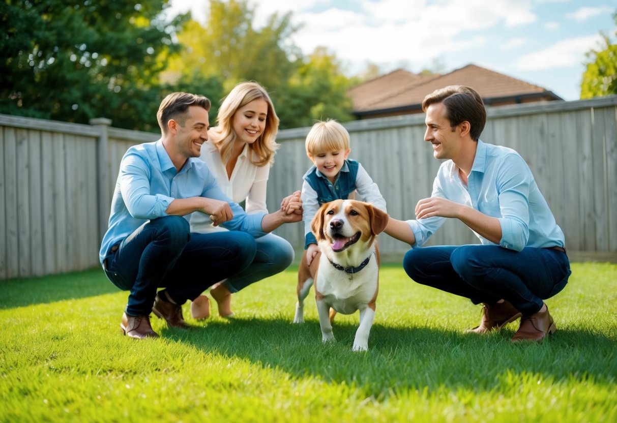 A happy family playing with a friendly, calm dog in a fenced backyard