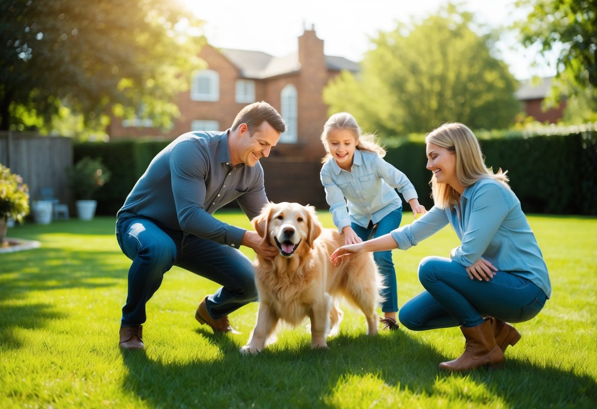 A family of four plays with a fluffy, friendly golden retriever in a spacious, sunlit backyard