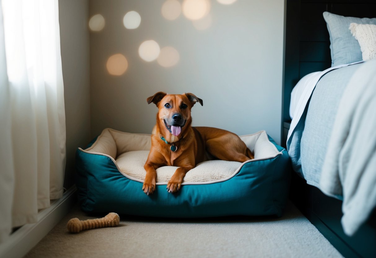 A cozy dog bed nestled in a corner of a bedroom, with a soft blanket and a chew toy nearby