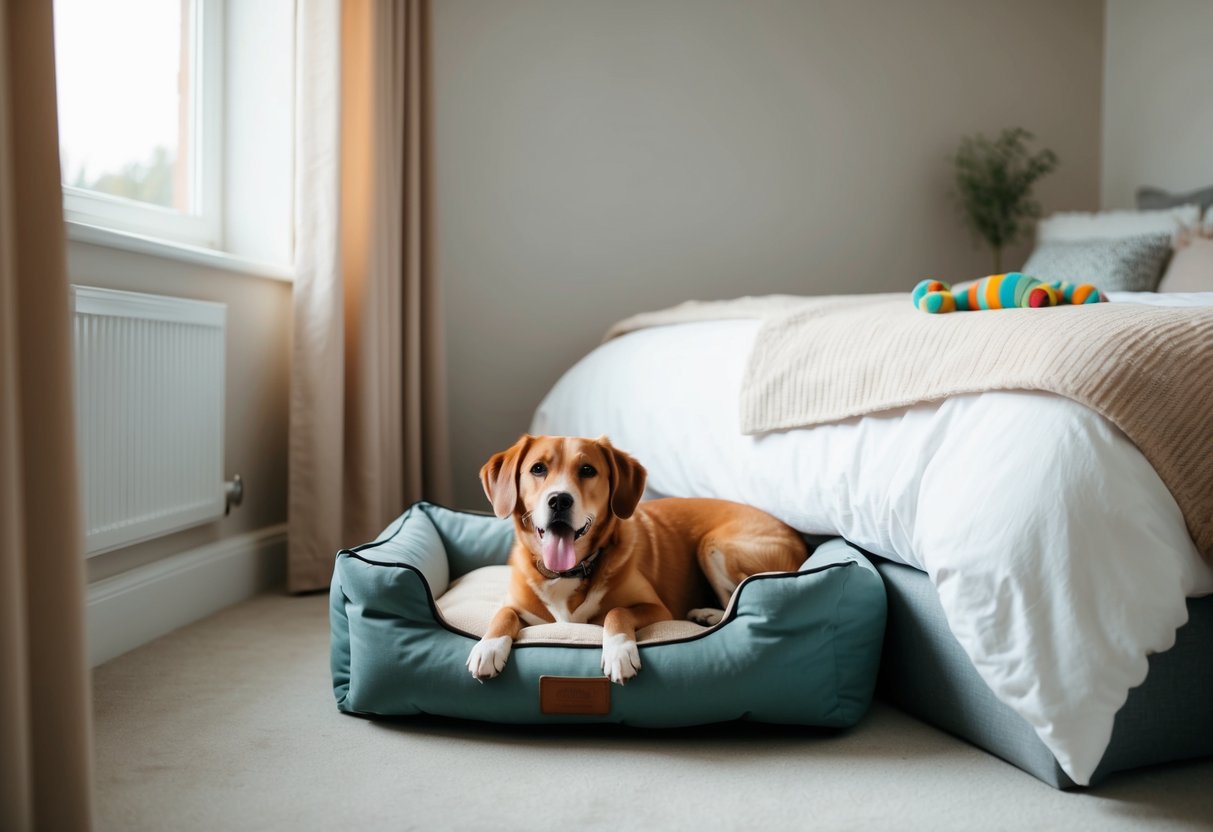 A cozy dog bed in a quiet corner of the bedroom, with a soft blanket and a favorite toy nearby