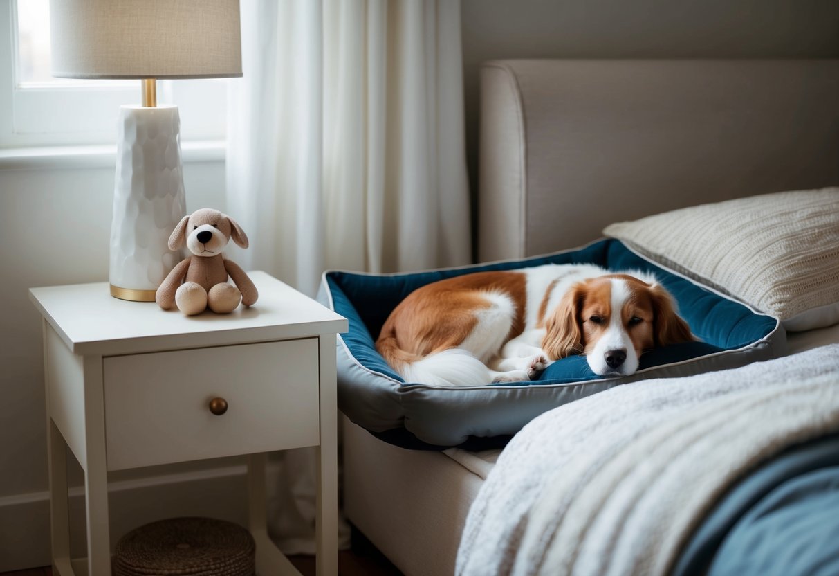 A cozy dog bed nestled beside a bedside table, with a soft blanket and a stuffed toy, creating a peaceful sleeping space for the dog at night