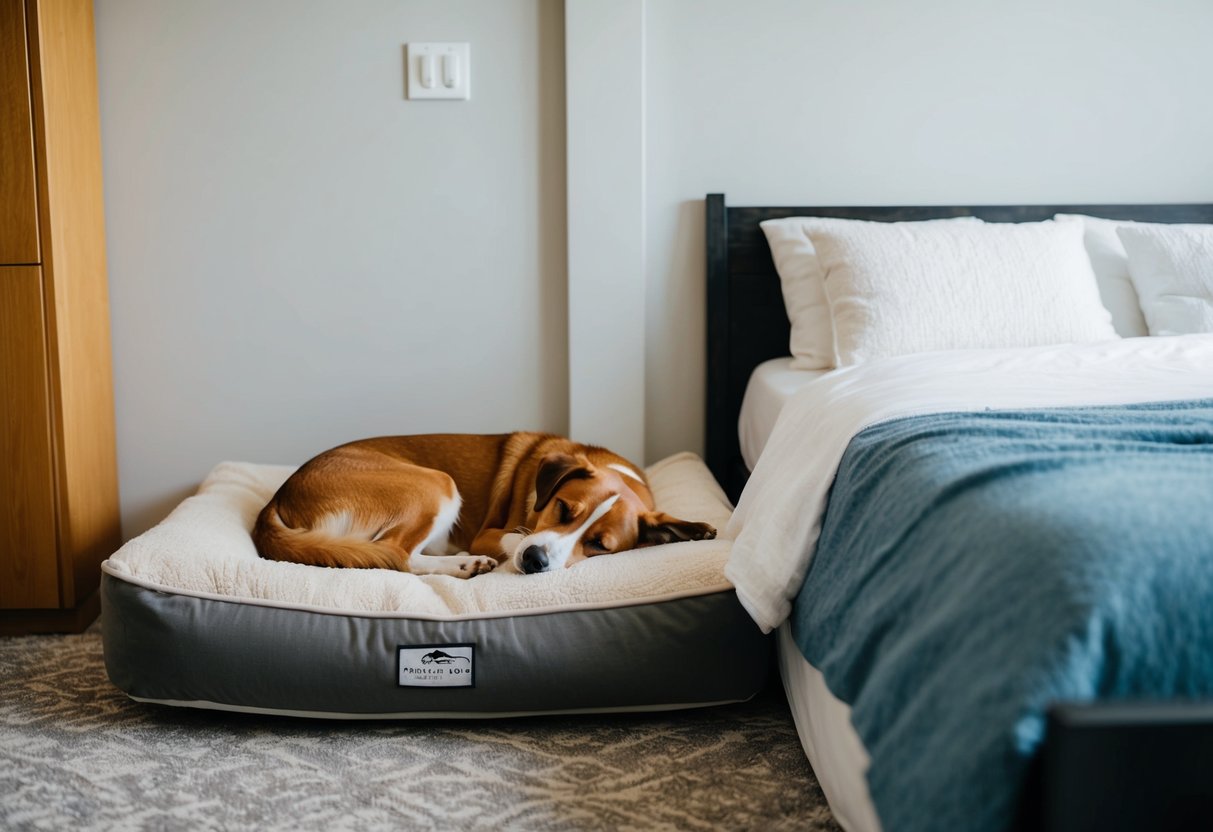 A dog peacefully sleeping on a cozy dog bed next to its owner's bed, with a loving and trusting bond evident between them
