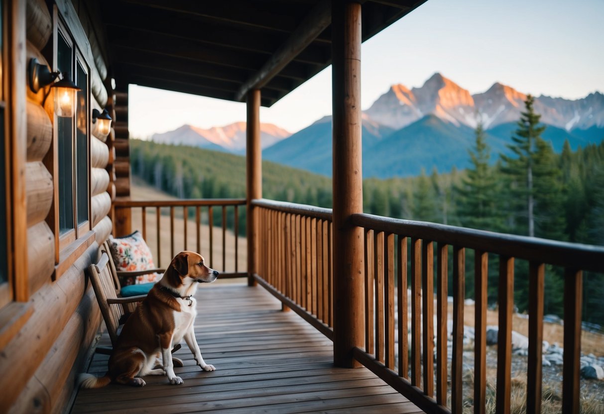 A serene mountain cabin with a loyal dog lounging on the porch, gazing out at the peaceful wilderness