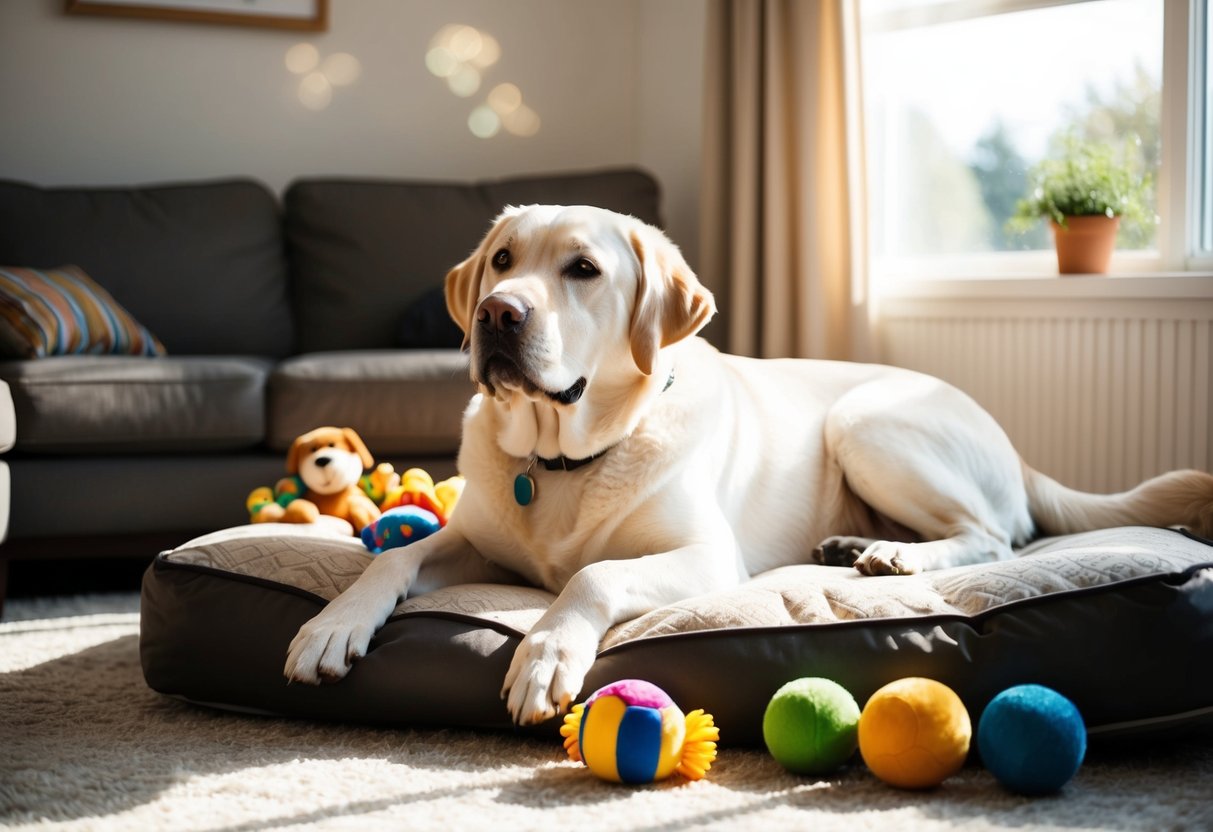 A contented adult Labrador retriever resting in a cozy living room, surrounded by toys and a comfortable bed, as sunlight streams through the window